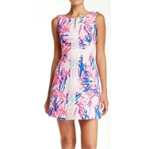 TAYLOR 12 SLEEVELESS WHITE PINK BLUE ABSTRACT PRINT MINI DRESS EMBROIDERED